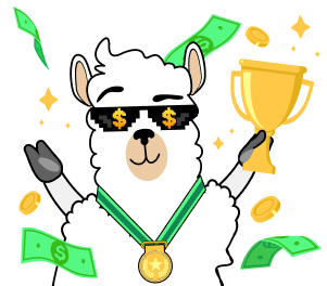 Mascotte LamaBet che festeggia una vincita con un trofeo e denaro