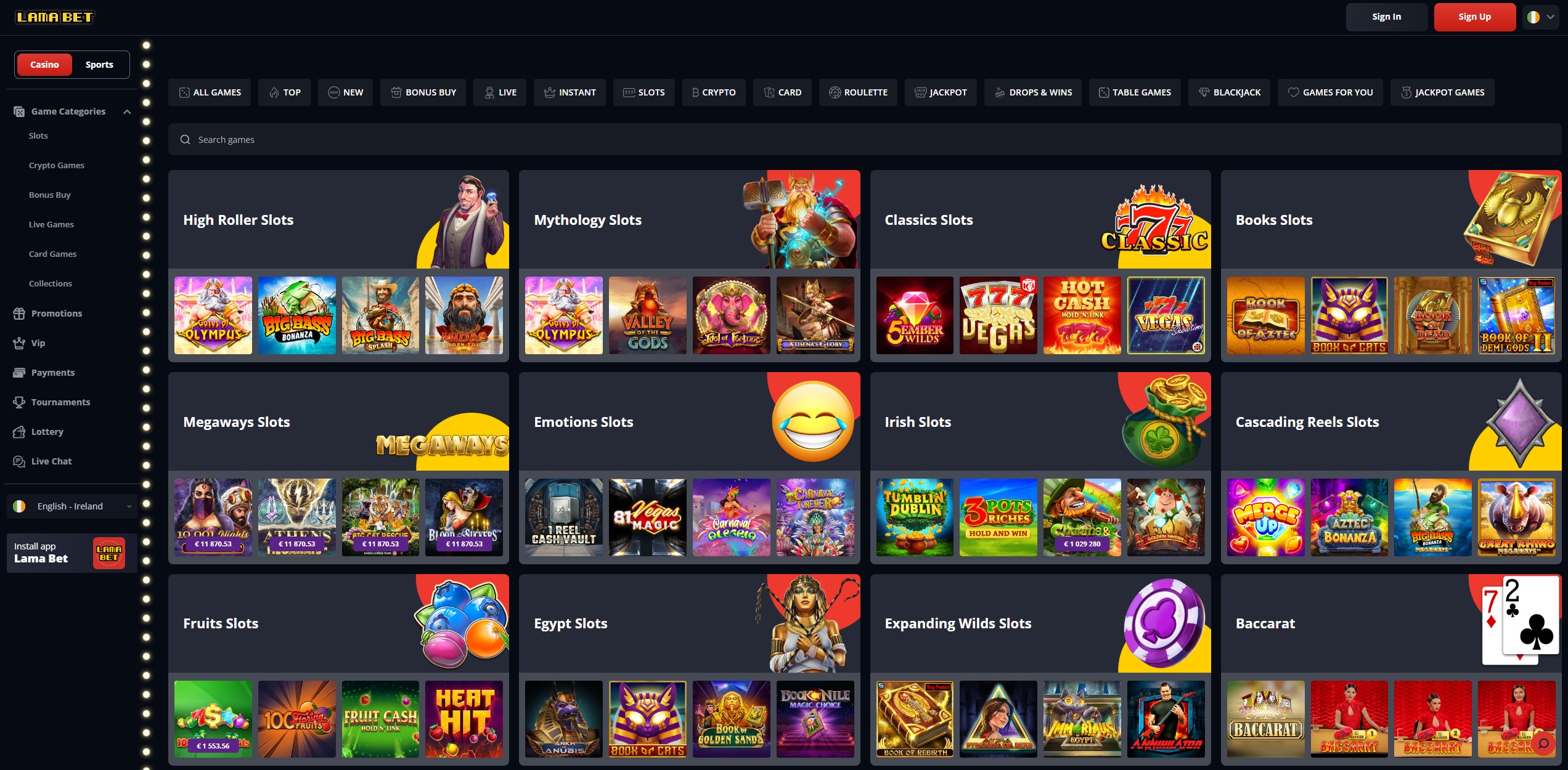 Collage di giochi di slot machine disponibili su LamaBet